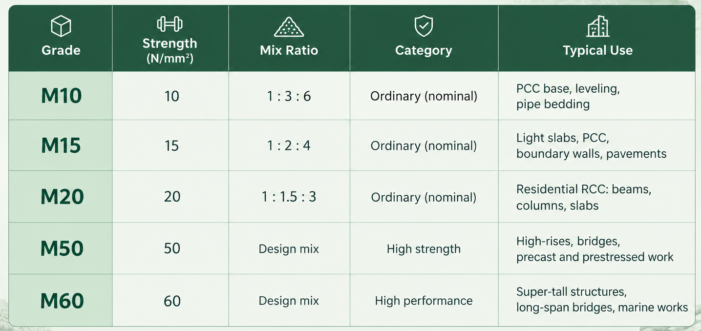Different Grade Comparison Chart Mix ratios for M50 and M60 are determined by lab trials,so no standard ratio applies. Material quantities vary with aggregate quality,admixtures and cement type.